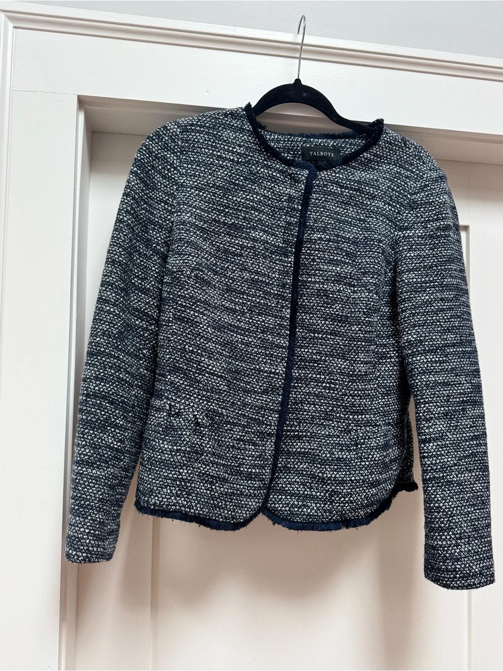 Talbots Navy Tweed Collarless Blazer Jacket